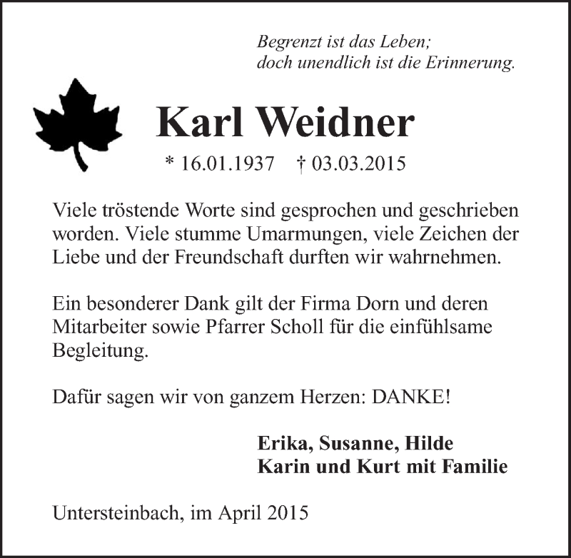  Traueranzeige für Karl Weidner vom 04.04.2015 aus 