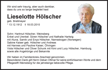 Traueranzeige von Lieselotte Hölscher 
