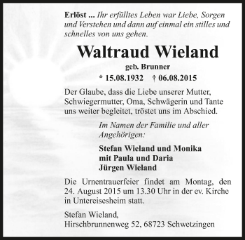 Traueranzeige von Waltraud Wieland 