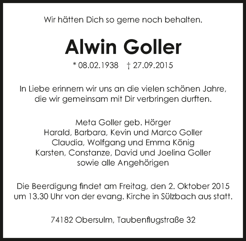  Traueranzeige für Alwin Goller vom 30.09.2015 aus 