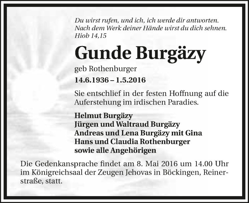  Traueranzeige für Gunde Burgäzy vom 03.05.2016 aus 