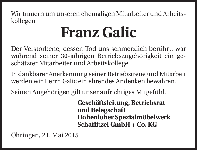  Traueranzeige für Franz Galic vom 21.05.2015 aus 