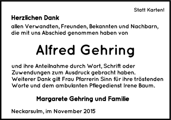 Traueranzeige von Alfred Gehring 