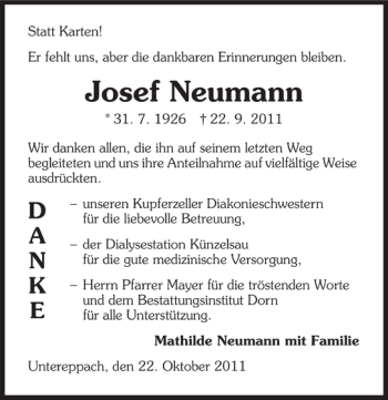 Traueranzeige von Josef Neumann 