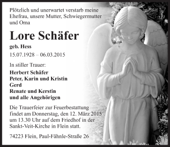 Traueranzeige von Lore Schäfer 