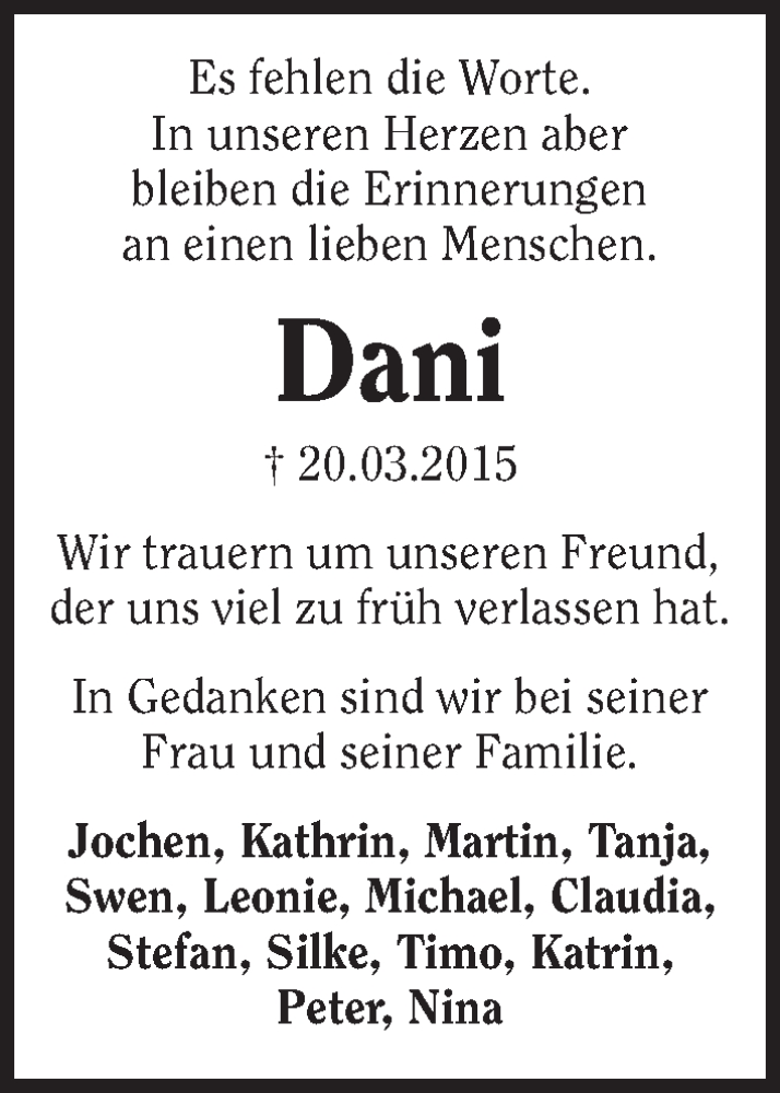  Traueranzeige für Daniel Klenk vom 27.03.2015 aus 