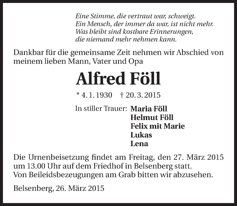  Traueranzeige für Alfred Föll vom 26.03.2015 aus 