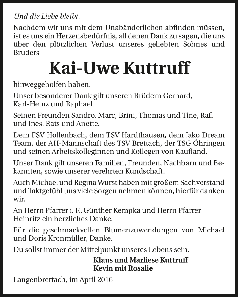 Traueranzeige für Kai-Uwe Kuttruff vom 16.04.2016 aus 
