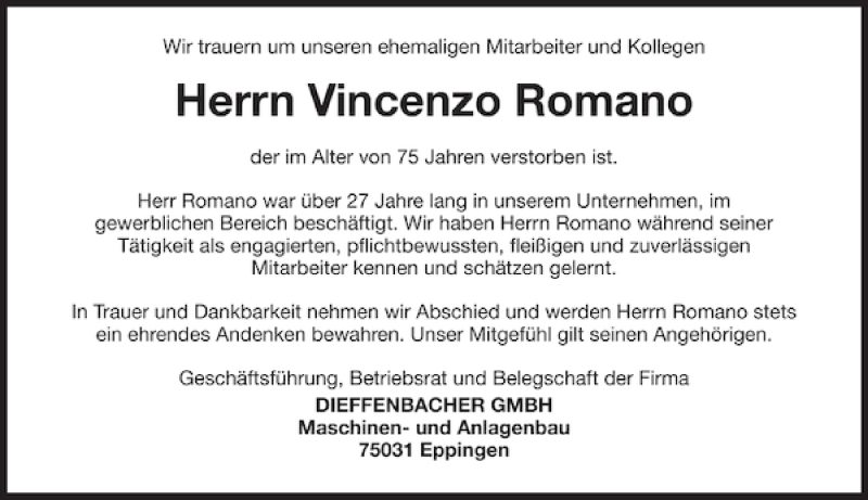  Traueranzeige für Vincenzo Romano vom 12.11.2011 aus 