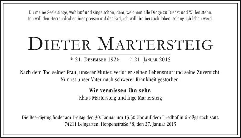  Traueranzeige für Dieter Martersteig vom 27.01.2015 aus 