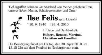 Traueranzeige von Ilse Felis 