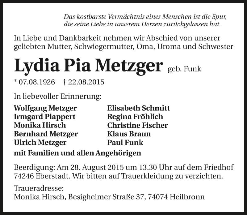  Traueranzeige für Lydia Pia Metzger vom 25.08.2015 aus 