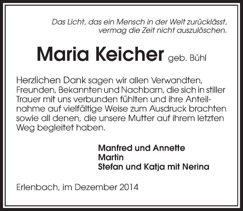  Traueranzeige für Maria Keicher vom 20.12.2014 aus 