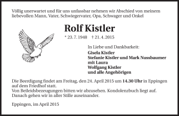 Traueranzeige von Rolf Kistler 