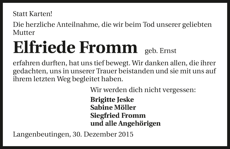  Traueranzeige für Elfriede Fromm vom 30.12.2015 aus 