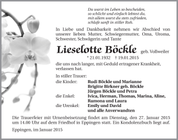 Traueranzeige von Lieselotte Böckle 