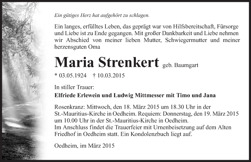  Traueranzeige für Maria Strenkert vom 17.03.2015 aus 