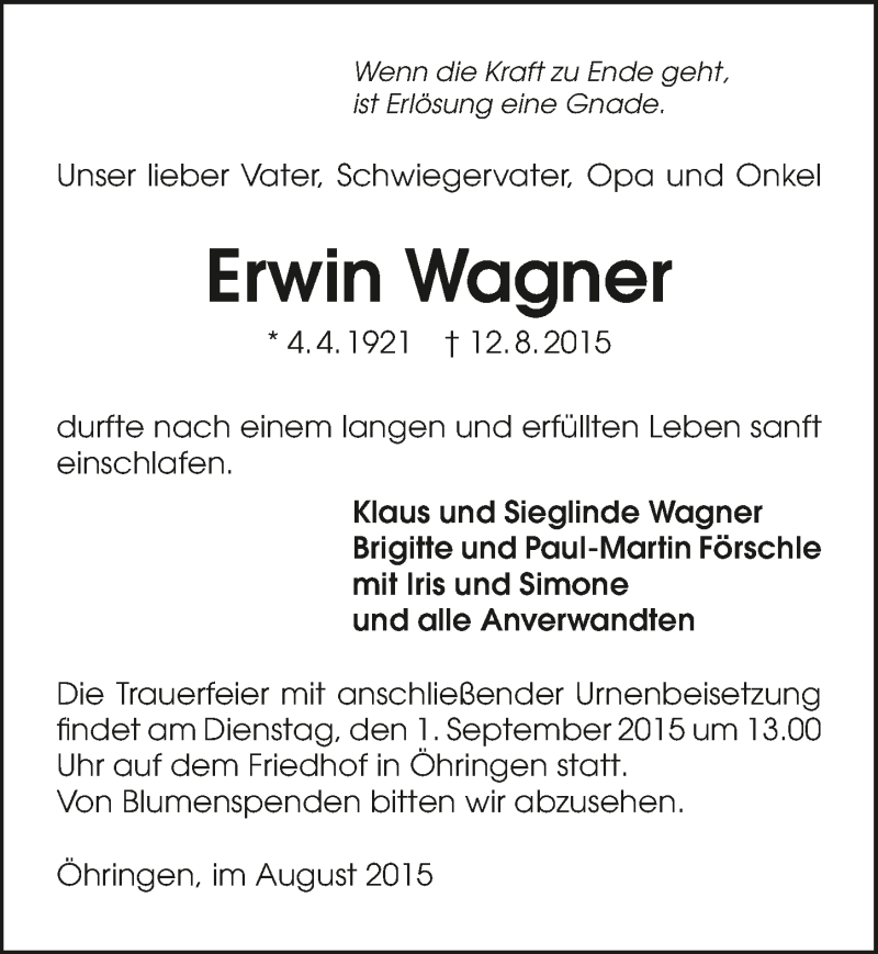  Traueranzeige für Erwin Wagner vom 28.08.2015 aus 