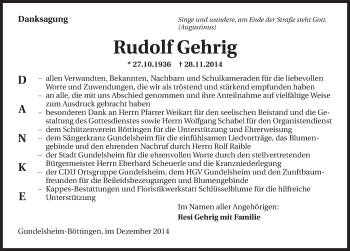 Traueranzeige von Rudolf Gehrig 