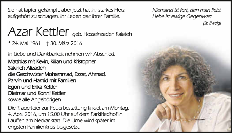  Traueranzeige für Azar Kettler vom 01.04.2016 aus 