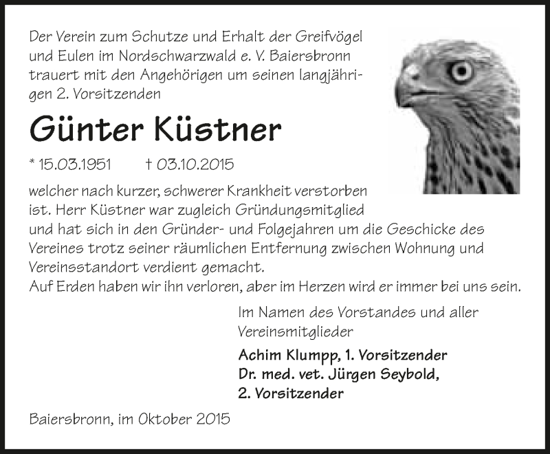  Traueranzeige für Günter Küstner vom 10.10.2015 aus 