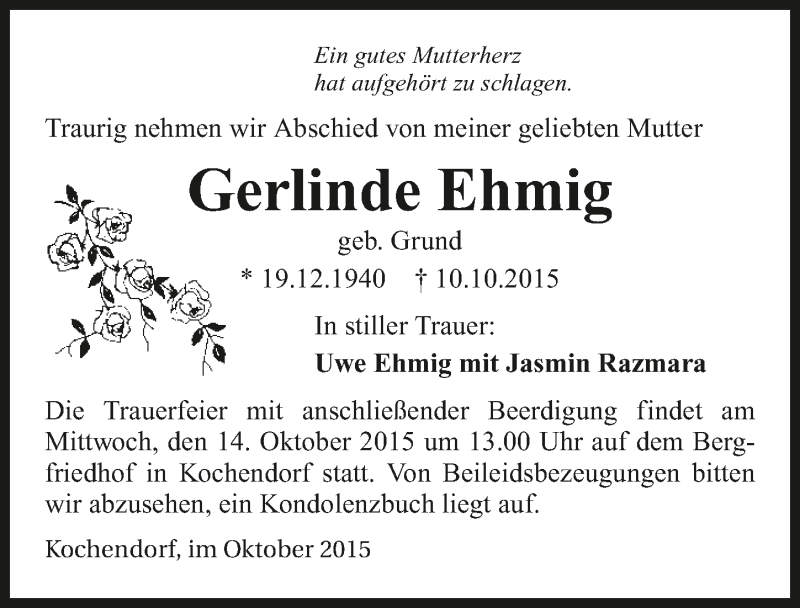  Traueranzeige für Gerlinde Ehmig vom 13.10.2015 aus 