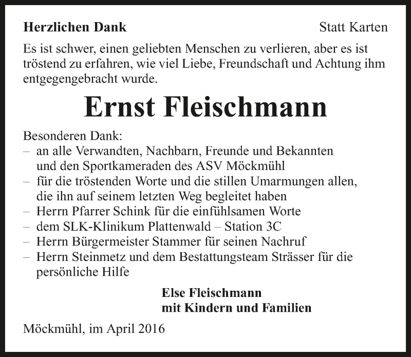  Traueranzeige für Ernst Fleischmann vom 16.04.2016 aus 