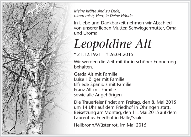  Traueranzeige für Leopoldine Alt vom 05.05.2015 aus 