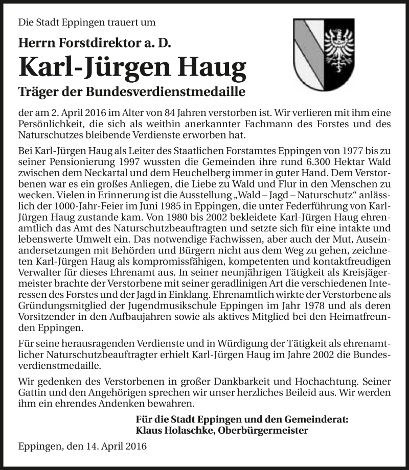  Traueranzeige für Karl-Jürgen Haug vom 14.04.2016 aus 