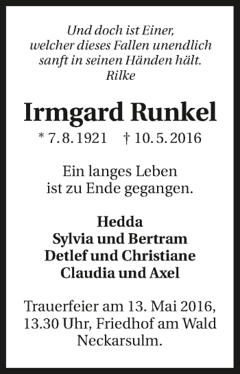 Traueranzeige von Irmgard Runkel 