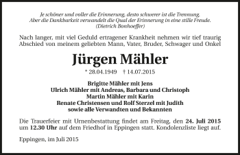 Traueranzeige von Jürgen Mähler 