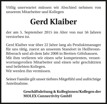 Traueranzeige von Gerd Klaiber 