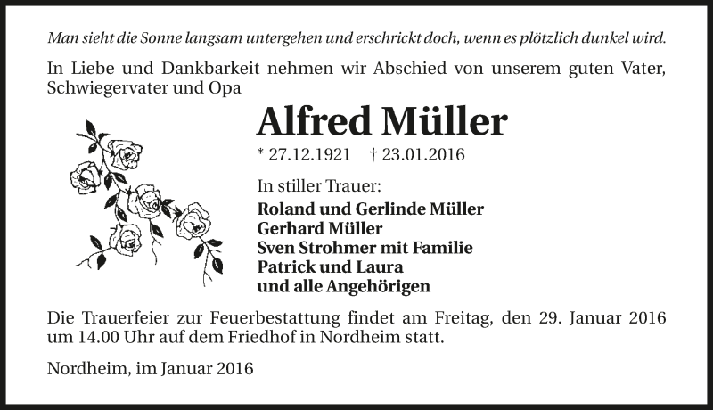  Traueranzeige für Alfred Müller vom 27.01.2016 aus 
