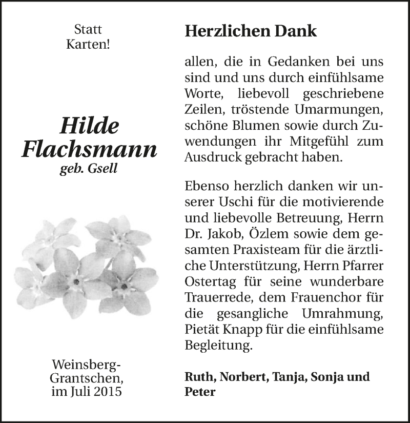  Traueranzeige für Hilde Flachsmann vom 18.07.2015 aus 