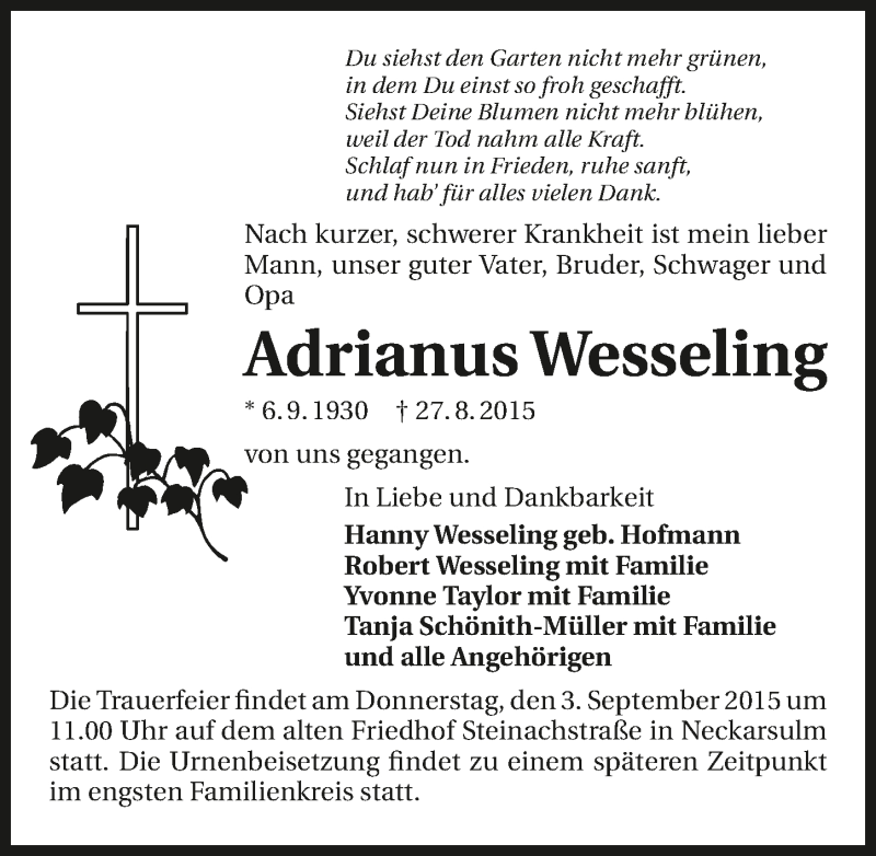  Traueranzeige für Adrianus Wesseling vom 01.09.2015 aus 
