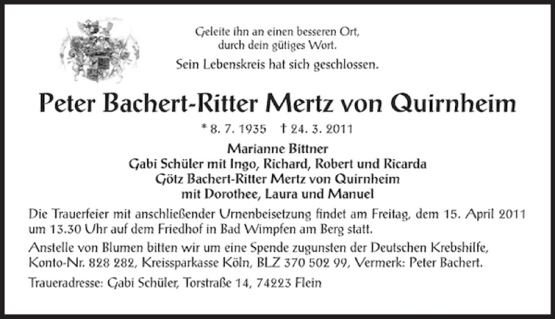  Traueranzeige für PeterBachert-RitterMertzvon Quirnheim vom 02.04.2011 aus 