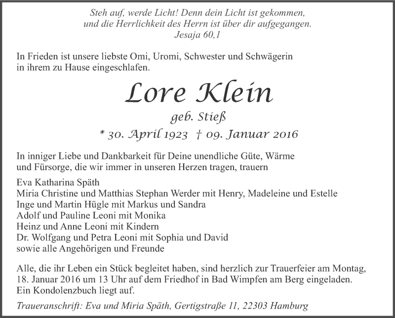  Traueranzeige für Lore Klein vom 12.01.2016 aus 