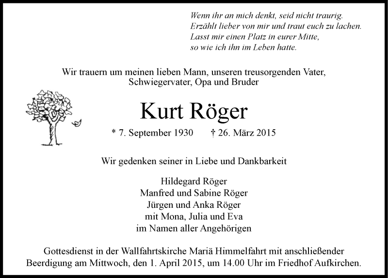  Traueranzeige für Kurt Röger vom 30.03.2015 aus 