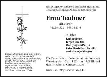 Traueranzeige von Erna Teubner 