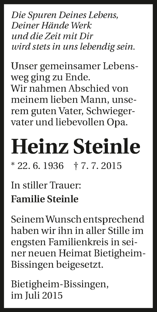  Traueranzeige für Heinz Steinle vom 18.07.2015 aus 