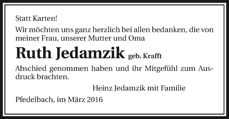  Traueranzeige für Ruth Jedamzik vom 02.04.2016 aus 