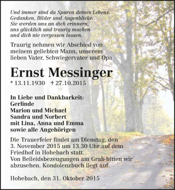 Traueranzeige von Ernst Messinger 