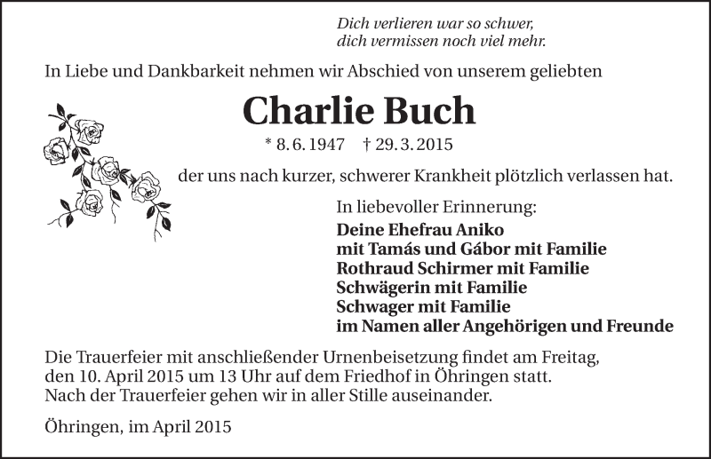  Traueranzeige für Charlie Buch vom 07.04.2015 aus 