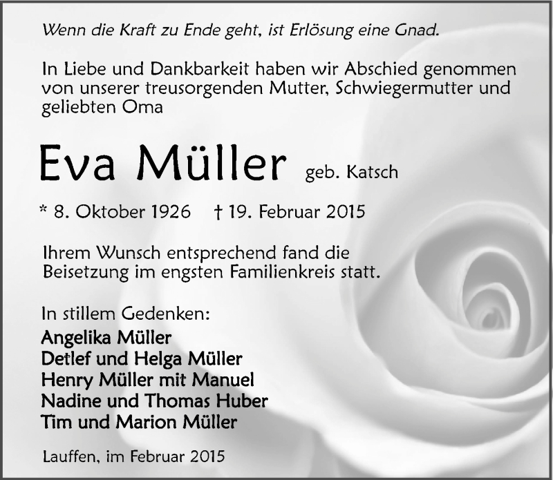  Traueranzeige für Eva Müller vom 28.02.2015 aus 