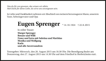 Traueranzeige von Eugen Sprenger 