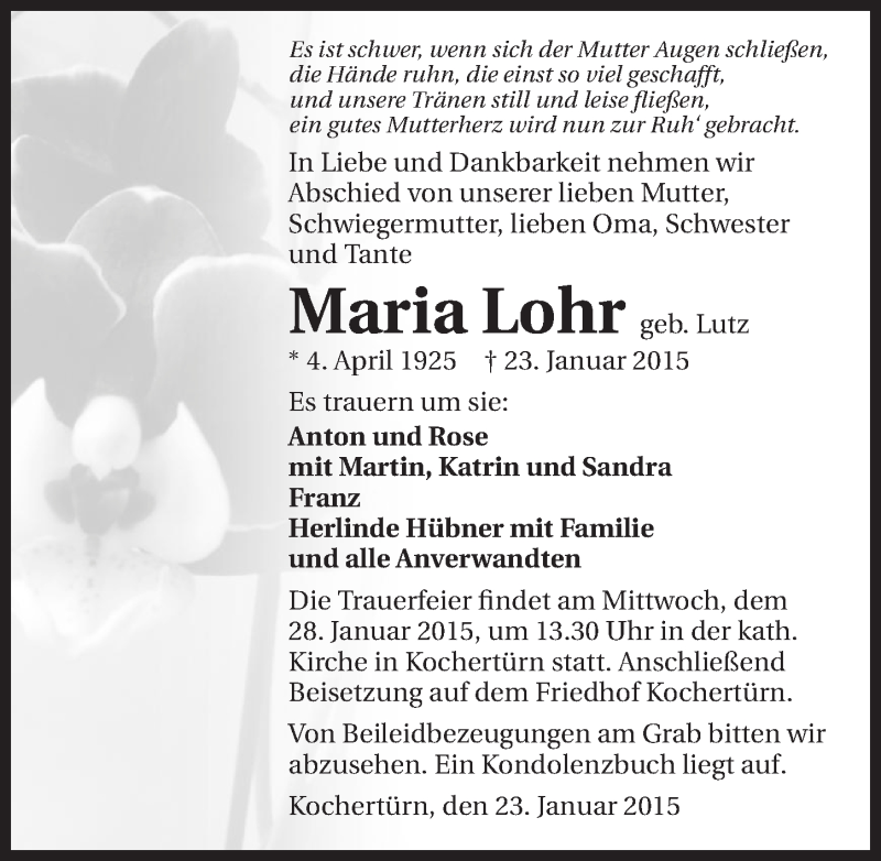  Traueranzeige für Maria Lohr vom 26.01.2015 aus 
