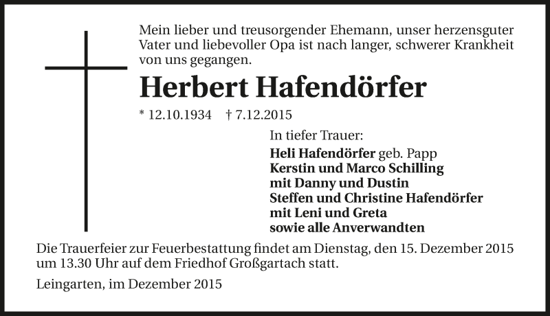  Traueranzeige für Herbert Hafendörfer vom 12.12.2015 aus 
