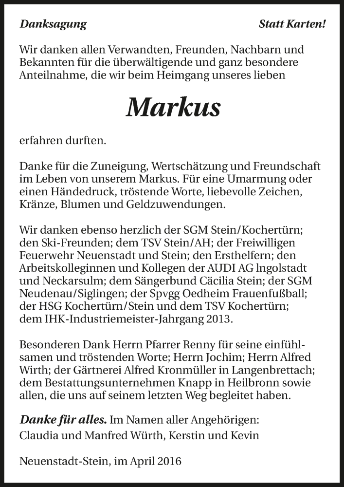  Traueranzeige für Markus Würth vom 06.04.2016 aus 