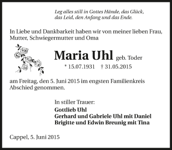 Traueranzeige von Maria Uhl 