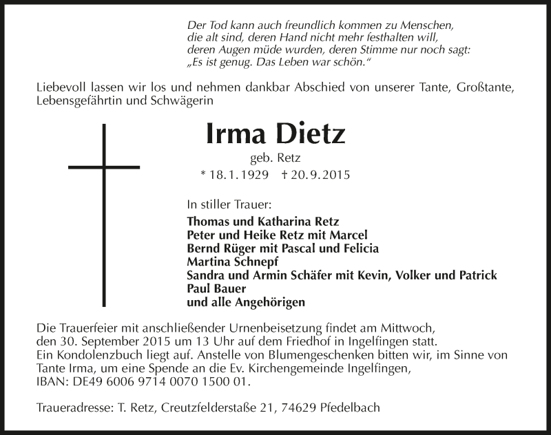  Traueranzeige für Irma Dietz vom 26.09.2015 aus 